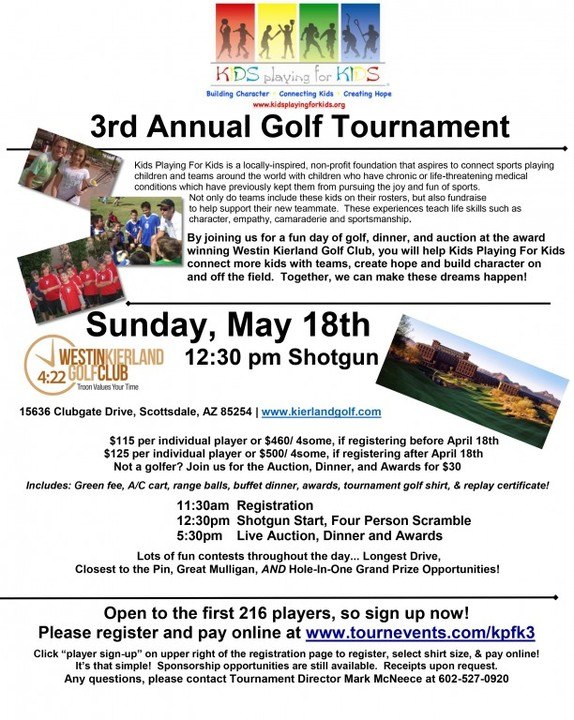 Registration information for 3rd Annual Golf Tournament & Live Auction at Westin Kierland Resort & Spa