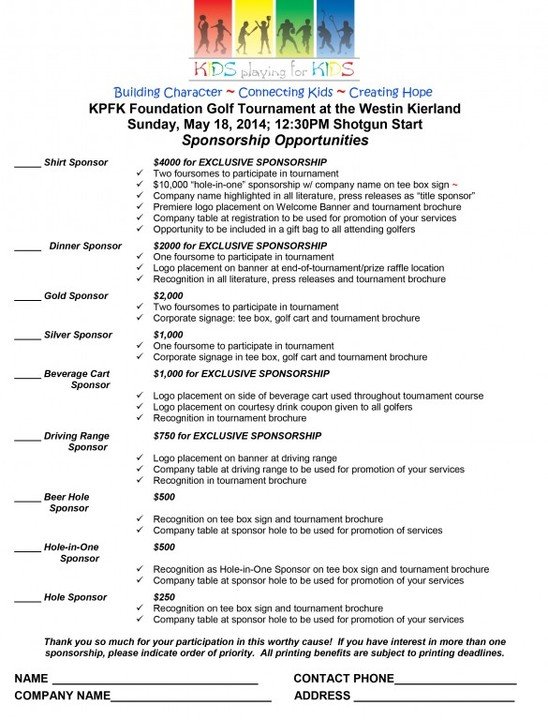 Sponsorship Opportunities for 3rd Annual Golf Tournament & Live Auction at Westin Kierland Resort & Spa