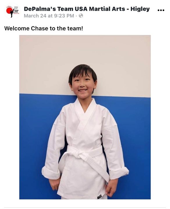Honored to support our newest kid, Chase, start Karate!  GO Chase!